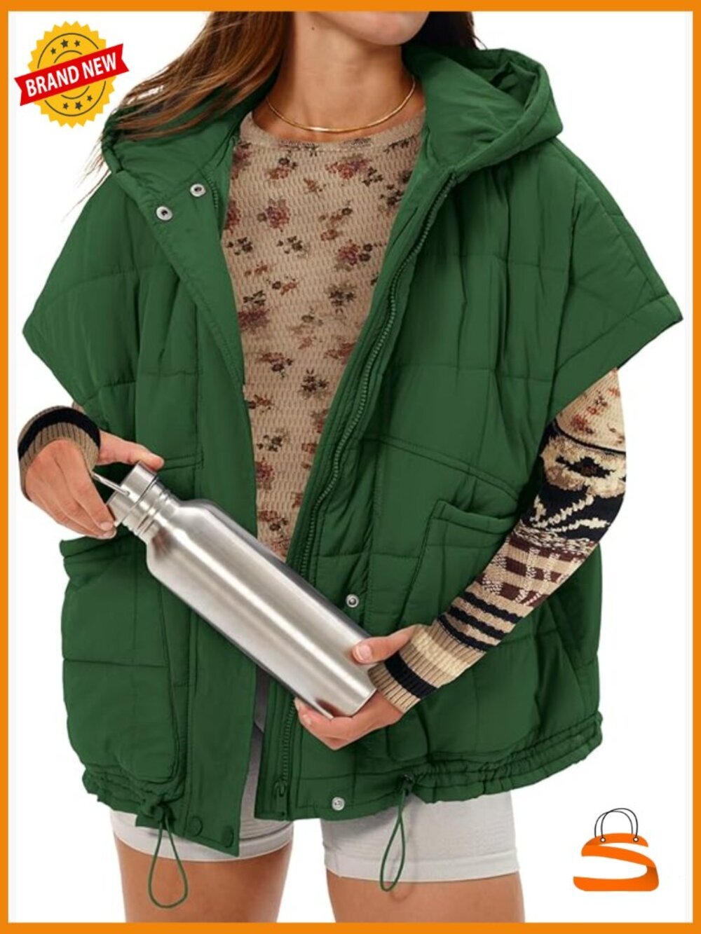 Oversized Stand Collar Quilted Puffer Vest Cap Sleeve Zip Up Hooded Coat
